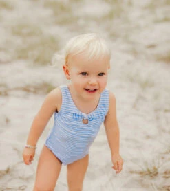 Girls' Powder Blue Sustainable Stripe Bow Swimsuit (Baby, Toddler) 12 Girls' Powder Blue Sustainable Stripe Bow Swimsuit (Baby, Toddler) -Family Swim Shop 7217023582376 blue 3a
