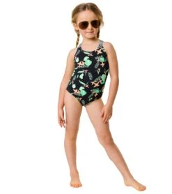 Girls' Neon Rainforest Sustainable X Back Swimsuit (Little Kid, Big Kid) -Family Swim Shop 7217024827560 black 4a