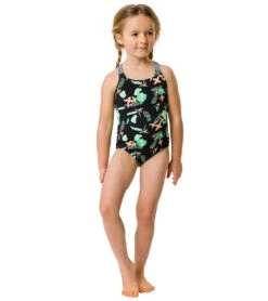 Girls' Neon Rainforest Sustainable X Back Swimsuit (Little Kid, Big Kid) -Family Swim Shop 7217024827560 black 5a
