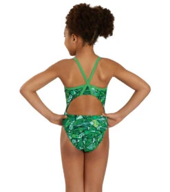 Tribal Graffiti Thin Strap One Piece Swimsuit Youth (22 - 28) -Family Swim Shop 7595564531880 green 4a