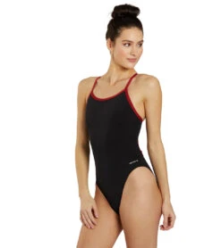 HydroLast Piped Thin Strap One Piece Swimsuit -Family Swim Shop 7595852628136 blackmaroon 4a