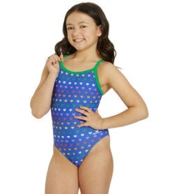 Rainbow Heart Thin Strap One Piece Swimsuit Youth (22-28) -Family Swim Shop 7764259930280 rainbowheart 3a